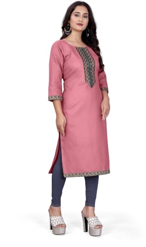 Image of Women A-line Cotton Blend Round Neck 3 /4 Sleeve Embroidered Kurti Only