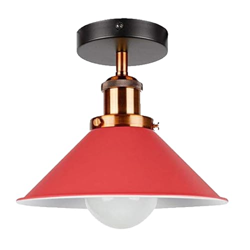 Image of DC VOLTAGE Vintage Semi Flush Mount Lighting Fixture E27 Base Holder 22cm Cone Lamp Shade Red Industrial Ceiling Light for Kitchen, Living Room, Bedroom, Hallway with Bulb