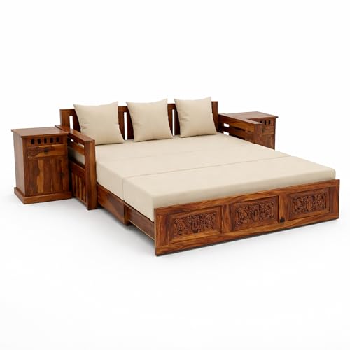 Image of SONA ART & CRAFTS Maharaja Sheesham Wood 3 Seater Sofa Cum Bed with Bedside | Wooden 3 Seater Sofa for Living Room Wooden Furniture Sofa Bed for Home (Natural Finish)
