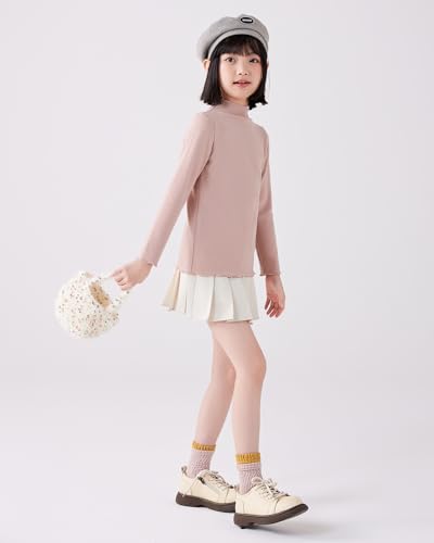 Image of ACESTAR Girls Solid Lettuce Trim Mock Neck Shirt Long Sleeve Slim Fit Ribbed Knit Tee Ruffle Tops Soft Base Layer