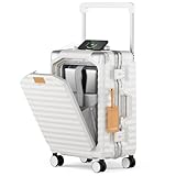 Joyway 20 Inch Carry on Luggage with Aluminium Frame and Front Pocket, PC Hardshell Suitcase with USB Port and Cup Holder, 21.5x14.2x9 Airline Approved, Luggage with Spinner Wheels and TSA Lock(White)