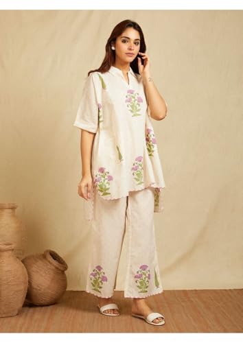 Image of LookMark Women's Off White Viscose Rayon Printed Kurta Set | Kurti with Pants | Ethnic Traditional Outfit