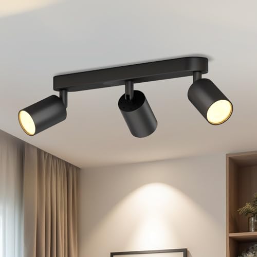 LVWIT Lámpara Techo Focos con 3 Focos Giratorios GU10, Lámpara de Pared Interior Negro Ajustables, Foco Led Interior Techo Iluminación para Dormitorio Pasillo Cocina (Sin Bombillas).