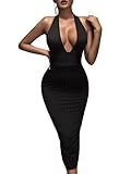 SheIn Women's Sexy V Neck Bodycon Midi Dress Backless Halter Ribbed Knit Dresses Black Small