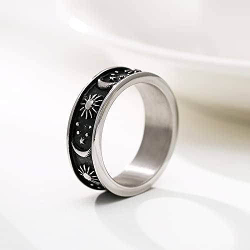 Hzman 8Mm Moon Star Sun Statement Ring Stainless Steel Boho Jewelry For Women Men (Silver, 9) #TOP1