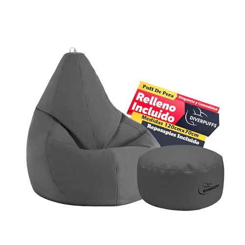 Diverpuff Puff Pera XXL Gris Exterior con Reposapiés y Relleno Incluido Ultra Cómodo para Leer Jugar o Descansar Ideal para Niños y Adultos Diseño Interior Exterior Antiestrés Uso Diario