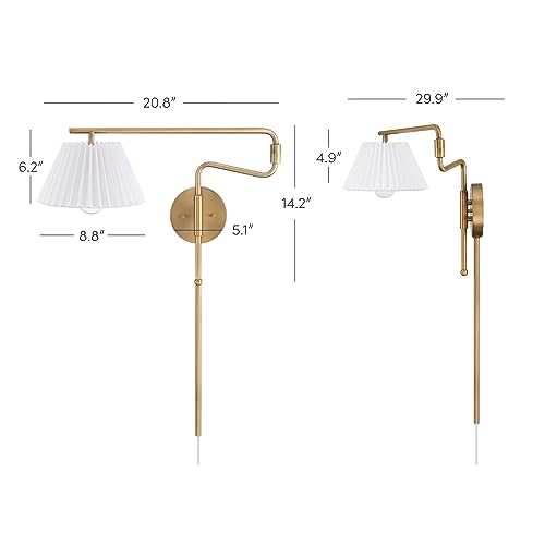 Image of Nathan James Kai Modern Wall Mounted Plugin Bedside Reading Lamp with Pleated Shade, Vintaged Brass Finish