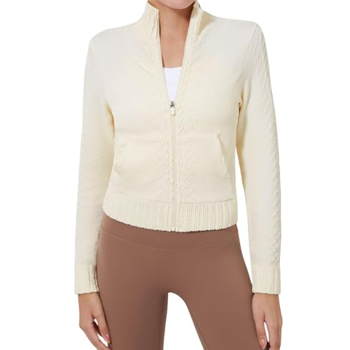 Women's Cardigan Jackets Cropped Lightweight Fall Open Front, Long Sleeve Knit Zip Up Sportswear Slim Fit Workout Tops