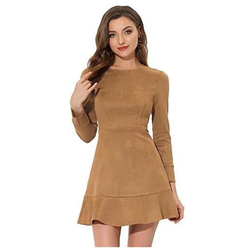 Allegra K Mini Vestido Informal de Manga Larga con Dobladillo con Volantes y Cuello Redondo de Ante sintético para Mujer marrón XL