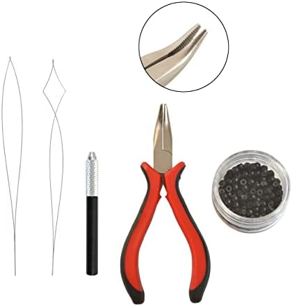 Hair Extensions Pliers Kit with I-tip Hair Pliers Pulling Needle Loop Threader and 200 Pcs 3.0mm Silicone Lined Nano Rings Micro Links Beads (Black)