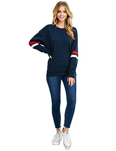 esstive Women's Ultra Soft Fleece Lightweight Casual Stripe on Sleeves Varsity Solid Sweatshirt, Navy, Medium