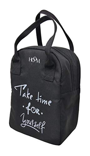 Image of HOOM Insulated Lunch Bag for Office Men, Women and Kids, Leak Proof Water Resistant Polyester Made Lunch Tiffin Bag with Quotes (Black Take Time for Yourself)
