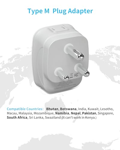 South Africa Plug Adapter, VINTAR Type M Plug Adapter with 1 USB C, 3 USB Ports and 2 American Outlets, 6 in 1 Travel Adapter for US to Botswana, Namibia, Nepal