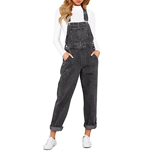 luvamia Women's Casual Stretch Adjustable Denim Bib Overalls Jeans Pants Jumpsuits X-Large B Pebble Grey