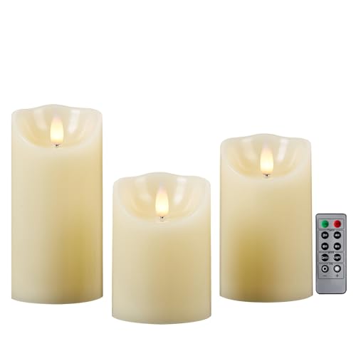 Image of Flameless Pillar Candles Flickering with Remote Timer, Battery Operated LED Candles Up to 400 Hours, 3D Moving Flame Real Wax Candles. (Ivory with Scalloped Edge)