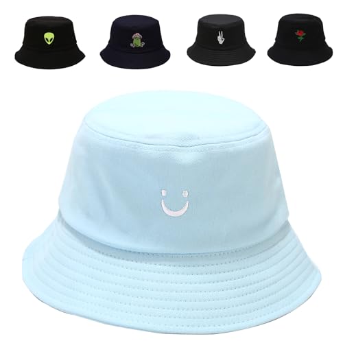Gadfary Cotton Bucket Hat for Women Men Summer Travel Sun Beach Bucket Cap, Unisex Outdoor Fisherman Hat, Smiling Face Blue, One size