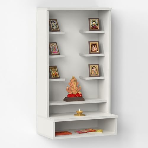 Image of BLUEWUD Shubh Mini Wall Mount Wooden Mandir for Home, Temple for Home, Pooja Stand with Storage Shelves for Idold & Frames, Compact Mandir Temple Unit for Shops & Office (DIY - White)