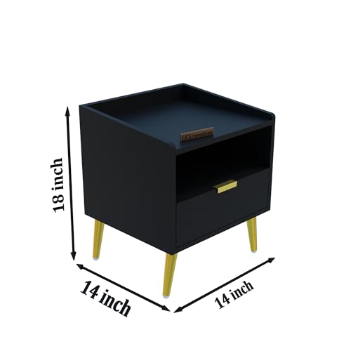 Image of Wooden Bedside Table for Bedroom | Wooden Bed Side Nightstand Lamp Table with 1 Drawers & Open Shelf Storage for Home & Hotels | HDMR Premium Wood & Iron Legs | Black (Pack of 2)