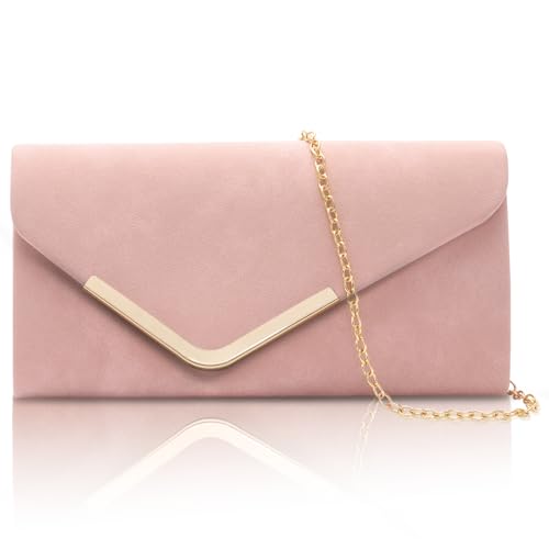 Larcenciel Pochettes et Clutches Femme, Sac a Main Femme Élégant en Suédine Rose avec Chaîne Détachable, Pochette Ceremonie Mariage Chic Sac Soiree, Bandoulière...