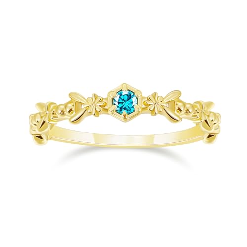 SHINYSO 14K Gold Plated Wedding Band for Women Created Blue Topaz Thin Stacking Ring CZ Eternity Engagement Ring Size 4-10