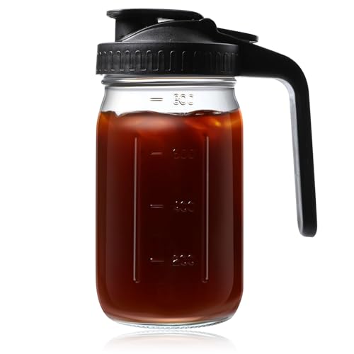 Jarra Mason Jar de agua de vidrio de boca ancha con tapa de asa, jarra de leche materna de 32 onzas para té helado, jugo, mezcla, café frío