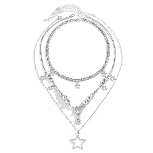 Azusa Sun Silver Star Pendant Layered Necklace Pentagon Dainty Chain Necklace Set Punk Hip Hop Party Jewelry Gifts for Women