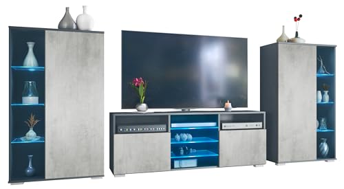 Vladon Ensemble Mural Davos pour Salon, Comprenant 2 vitrines et 1 Meuble TV, Anthracite Mat/Aspect béton oxyde éclairage LED Inclus (329 x 134 x 35 cm)