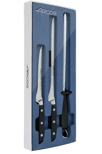 Arcos Serie Manhattan - Set Jamonero de 3 piezas - Acero Inoxidable Forjado - Mango de Polioximetileno (POM) Color Negro - FUNDA JAMON DE REGALO