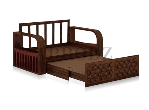 Image of APRODZ Solid Sheesham Wood Sofa Cum Bed 2 Seater Velevt Fabric with Turquoise Upholstery & Cushion Perfect Sofa Furniture for Home Living Office Room and Guests (Walnut Finish 75x51x30-Inch)