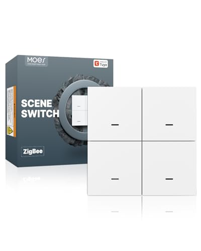 MOES Zigbee Schalter 4 Tasten (Zigbee Gateway Erforderlich) Kabelloser Smart Home 12 Szenenschalter für Tuya Geräte Tragbarer Zigbee Button und Taster Kompatibel mit Tuya & Smart Life App Weiß