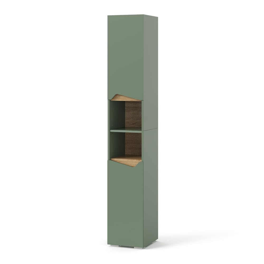 Vicco Armoire de Salle de Bain Marelle, Vert/Artisan, 30x180cm avec Portes et Compartiments Ouverts, pour Le Rangement des Accessoires de Salle de Bain et des Serviettes