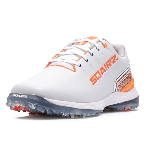 SQAIRZ Bold Men's Athletic Golf Shoes - Designed for Balance & Performance, Replaceable Spikes, Waterproof, White/Orange