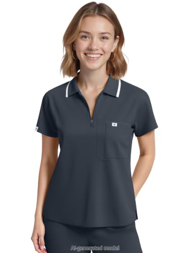 Image of Scrub Tops for Women, Medical Short Length Zip-Front Polo Scrub Top