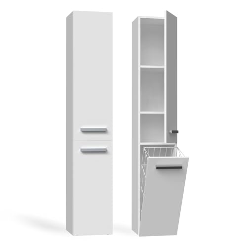CDF Armoire de Salle de Bain Haute et étroite avec Panier à Linge, larg.: 31 cm Meuble de Rangement Adapté aux Petits Espaces, WC Couloir Blanc, 30x31x174...