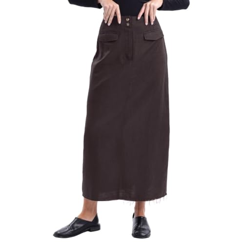 Amazhiyu Women's Linen High Waisted Split Raw Hem A-Line Midi Skirts with Pockets - Main Image