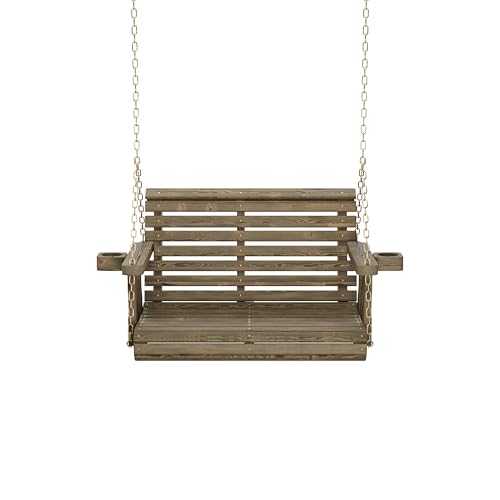 Image of Amish Casual Heavy Duty 700 Lb Capacity Porch Swing with Cupholders (3 Foot, Dark Walnut Stain) - Wooden Outdoor Roll Back Swing with Hanging Chains - Amish Made in the USA