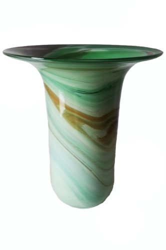 Jarrón de cristal colourado para flores, florero de vidrio de cristal soplado con la boca, en tonos verde, beige, blanco con grande apertura altura circa 20 cm, disenado y fabricado por la Oberstdorfer Glashütte