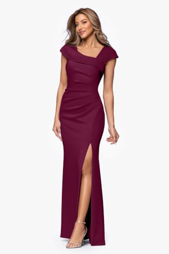 Image of Xscape Women's Long Bodycon Formal Evening Gown with Cap Sleeves, Asymmetrical Neckline, Ruched Bodice and Front Slit