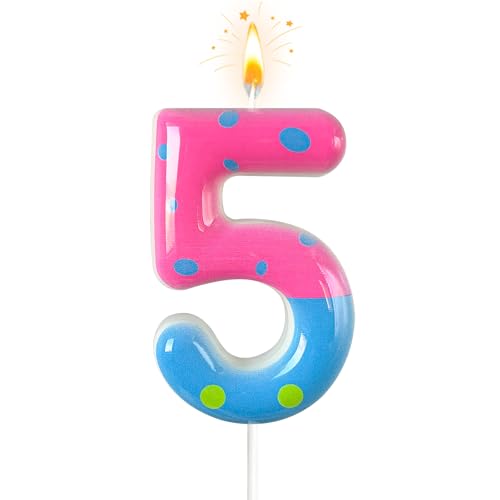 NHJINX Rose Pink & Blue Number 5 Birthday Candle with Polka dot Patterns Decoration for Cartoon Theme Parties