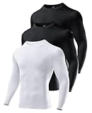 Niksa 3 Packs Long Sleeve T Shirt Men's Muscle Fit T-Shirt Compression Breathable Slim Tops for Gym Work Running Sports Cycling Active Wear Base Layers Black Black White,M