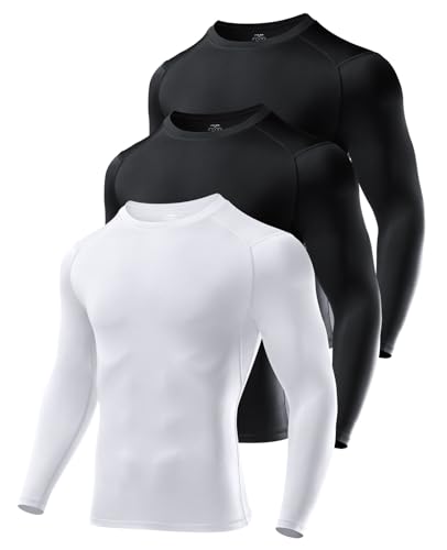 Image of Niksa 3 Packs Long Sleeve T Shirt Men's Muscle Fit T-Shirt Compression Breathable Slim Tops for Gym Work Running Sports Cycling Active Wear Base Layers Black Black White,S