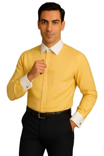Image of Men's Premium Cotton Formal Dress Shirt - White Collar & French Cuffs with Cufflinks | Solid White, Micro Check & Striped for Office, Wedding