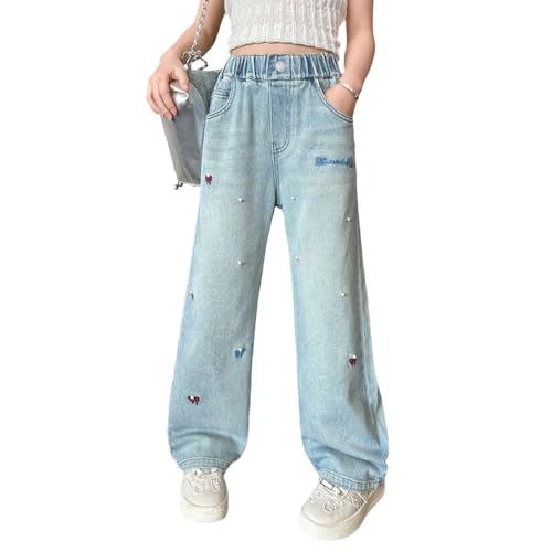 Girls' Pearl Jeans, Wide Leg Denim Pants with Bowknot Embroidery, 5 Pockets Trendy Casual Trousers for Tween2