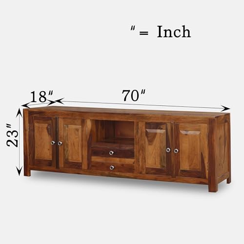 Image of Sheesham Wood TV Stand and Shelf Storage Entertainment Unit Center Console TV Table Wooden Tv Cabinet for Living Room Home (Brown)