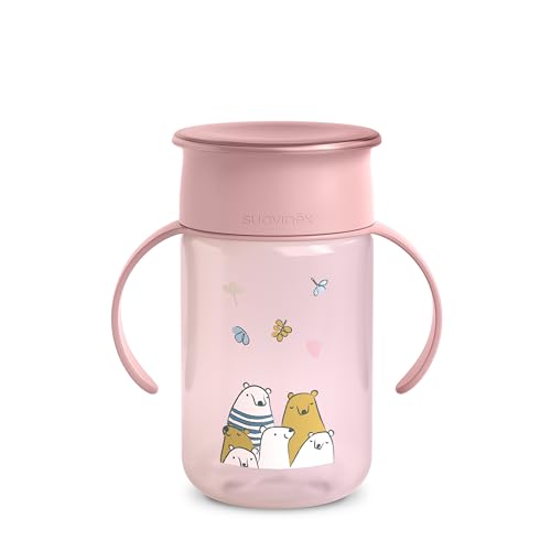 SUAVINEX, Vaso Aprendizaje Bebé, Vaso 360 con Sistema Antiderrame y Antigoteo, Magic Cup con Asas y Tapa, Apto Lavavajillas y Microondas, 340 ml, Taza Entrenamiento para Bebés +12 Meses, Bears Rosa