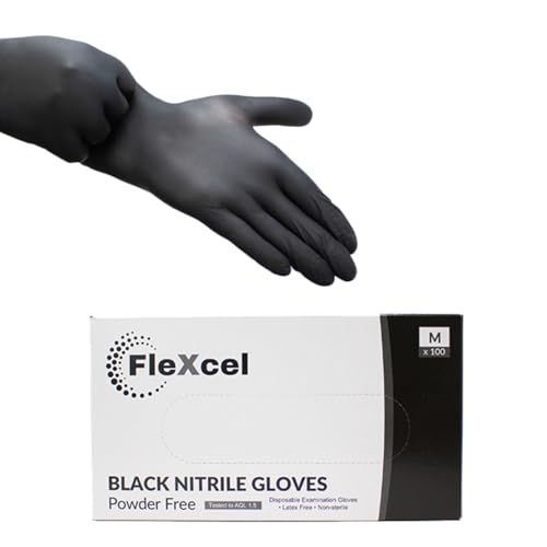 FleXcel Powder Free Nitrile Gloves Black Medium - Medical-Grade Latex-Free Food Safe (Box of 100)