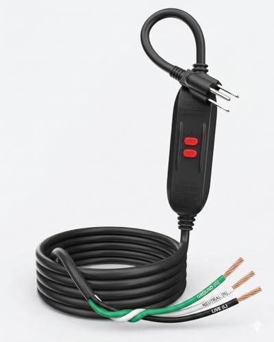 ConnecRCD 10FT in-line GFCI with Flying Leads, 18/3 SJT 10A Heavy Duty 3-Prong Grounded GFI Replacement Cord, Open End Bare Wire (Pigtail) for Pressure Washer, Pool Pump, Table Saw, NEMA 5-15P