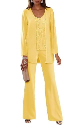 Sequin Pant Suits for Women Dressy Chiffon 3 Piece Mother of The Bride Pantsuits for Wedding Guest with Jacket