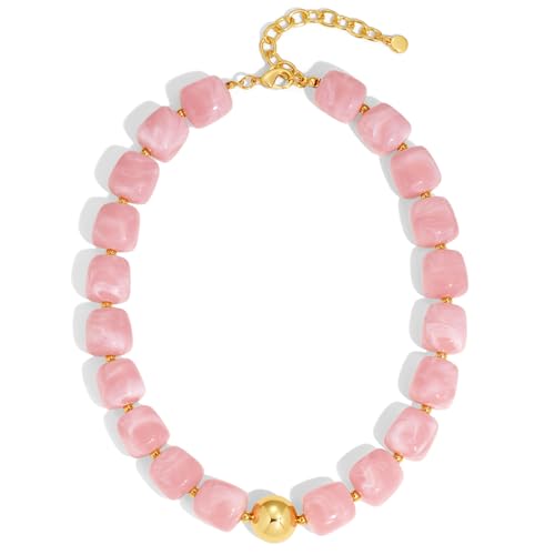 TENTMENTISE Pink Beaded Necklace, Chunky Necklace for Women Gift Light Pink