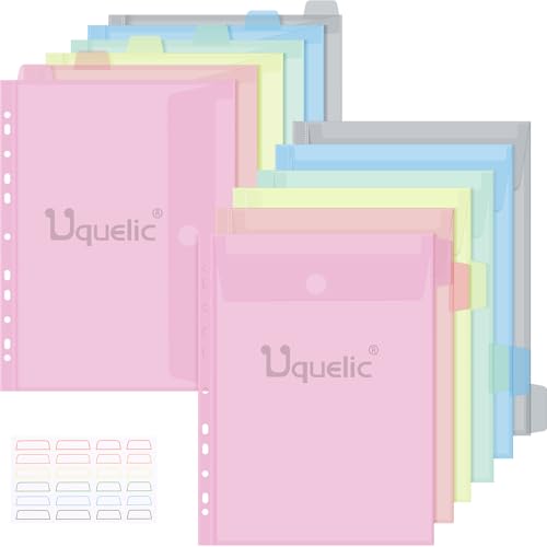 Uquelic 12 Pack A4 Plastic Wallets, Punched Pockets for Paperwork, Document Sleeves, A4 Organiser Folders, Plastic Popper Wallets for Home Office (Macaron Color)